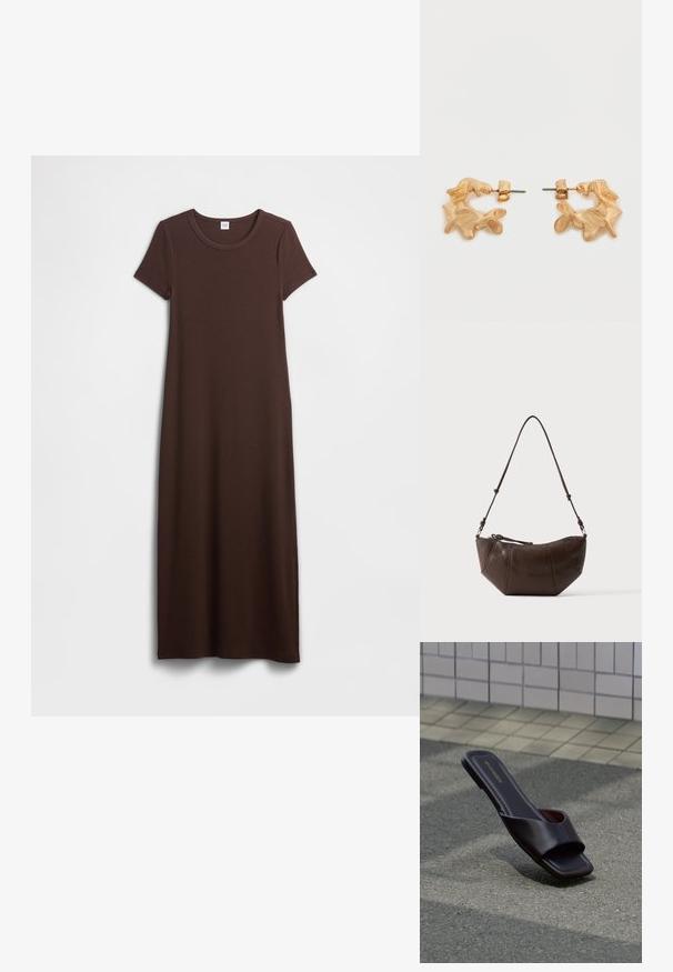 Braunes Baumwoll-Maxikleid mit kurzen Ärmeln, rundem Ausschnitt und glatter Textur. Das Design ist schlicht und gerade geschnitten und bietet eine lockere Passform.; Dunkelbraune offene Sandale mit quadratischer Spitze und breitem Riemen, liegend auf grauem Asphalt neben gefliestem Bürgersteig.; Braune Leder-Schultertasche mit gewölbtem Boden und verstellbarem Riemen vor einfarbig hellem Hintergrund.; Ohrstecker in Goldoptik mit abstrakter, organischer Form, die eine strukturierte Oberfläche und einen Steckverschluss aufweisen.