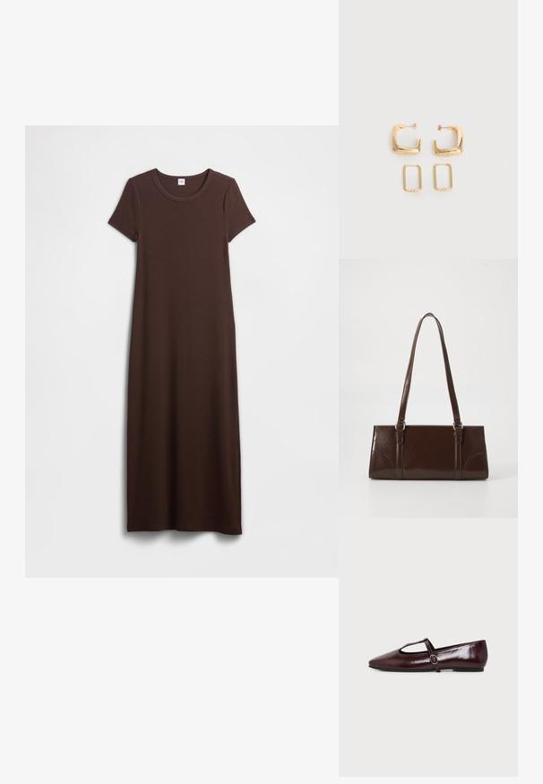 Vestido largo de algodón marrón con mangas cortas, escote redondo y textura suave. El diseño es simple y de corte recto, proporcionando un ajuste relajado.; Zapato plano de cuero burdeos oscuro con punta puntiaguda y una fina tira en forma de T con hebilla plateada sobre un fondo blanco.; Bolso de mano de piel sintética marrón con forma rectangular, dos asas largas y sutiles acentos curvados en la parte delantera.; Dos pares de pendientes de aro geométricos en tono dorado sobre una superficie blanca lisa, un par cuadrados y sólidos, un par rectangulares y huecos.