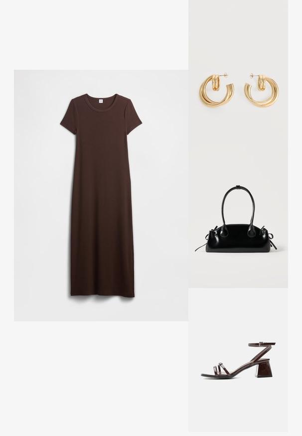 Vestido largo de algodón marrón con mangas cortas, escote redondo y textura suave. El diseño es simple y de corte recto, proporcionando un ajuste relajado.; Sandalia de charol marrón oscuro con tacón bloque, tira en el tobillo con hebilla y dos tiras finas sobre los dedos, sobre fondo blanco.; Pequeño bolso negro brillante con dos asas largas y detalles de cordón lateral sobre un fondo claro liso.; Par de pendientes de aro doble brillante de oro con cierres de presión sobre un fondo blanco.