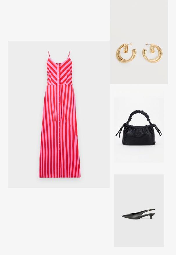 Gestreiftes Maxikleid mit dünnen Trägern, das rot und rosa vertikale Streifen zeigt, eine Knopfleiste vorne hat und ein tailliertes Oberteildesign besitzt.; Schwarzer Slingback-Schuh mit spitzem Zehenbereich aus glattem Leder. Mit einem dünnen Absatz und einer dekorativen Schnalle am verstellbaren Riemen.; Schwarze Handtasche mit Krokodilstruktur, gerafftem oberen Rand, zusammengezogenem Griff und Zugkordeln mit Quasten an jeder Seite vor weißem Hintergrund.; Paar glänzende goldene Doppel-Loop-Creolen mit Steckverschlüssen vor weißem Hintergrund.