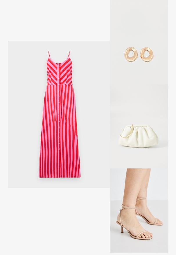 Gestreiftes Maxikleid mit dünnen Trägern, das rot und rosa vertikale Streifen zeigt, eine Knopfleiste vorne hat und ein tailliertes Oberteildesign besitzt.; Nackte Riemchensandalen mit einem dünnen Knöchelriemen, einem quadratischen Zehendesign und einem kleinen Blockabsatz. Glatte Textur mit minimaler Detailgestaltung.; Weiße Lederhandtasche mit einem gerafften Design, ausgestattet mit einem goldenen Kettenriemen und einer runden Form. Glatte Textur mit sanften Falten und ohne Muster.; Paar unregelmäßig geformter, polierter Creolen aus goldfarbenem Metall mit offenem Zentrum auf weißem Hintergrund.