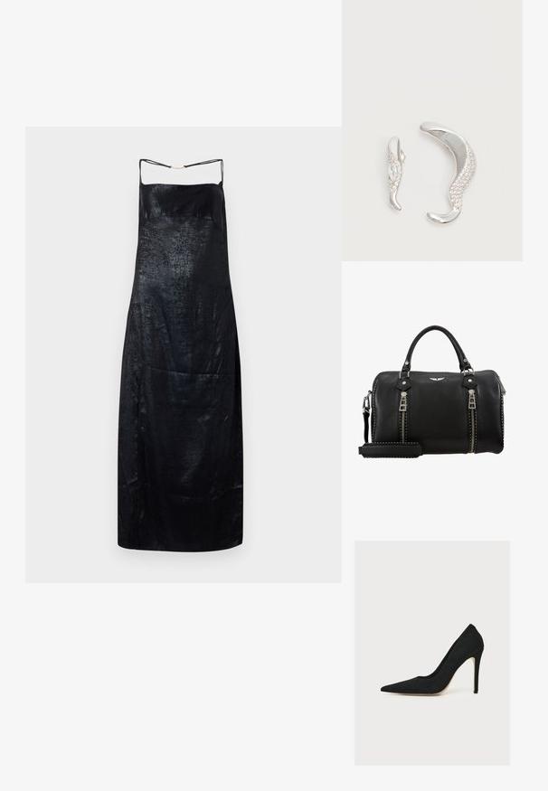 Vestido negro de seda con una textura suave, con tirantes finos y un brillo sutil. Silueta simple y recta con un detalle mínimo.; Zapato de salón negro de punta fina y tacón de aguja delgado, fotografiado de lado sobre fondo blanco.; Bolso de mano de cuero negro con dobles cremalleras plateadas, asas superiores, correa ajustable y acentos de tachuelas a lo largo de los bordes. Acabado texturizado.; Dos pendientes de plata curvados, uno más grande que el otro, ambos adornados con pequeños cristales brillantes a lo largo de un borde.