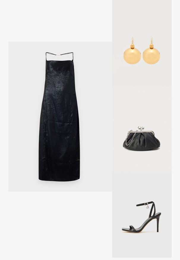 Schwarzes Slipkleid aus satin mit glatter Textur, ausgestattet mit dünnen Trägern und einem dezenten Glanz. Schlichte, gerade Silhouette mit minimalen Details.; Schwarze High-Heel-Sandale mit schmalem Knöchelriemen, quadratischer Zehenbox, glattem Leder und metallischem Schnallenakzent.; Schwarze Leder-Clutch mit geraffter Textur, silberfarbener Metallrahmen, Druckverschluss und Kettenriemen. Glatte, weiche Oberfläche.; Paar glänzende goldene Weihnachtskugel-Ohrringe mit Hakenverschlüssen auf einfachem weißem Hintergrund.