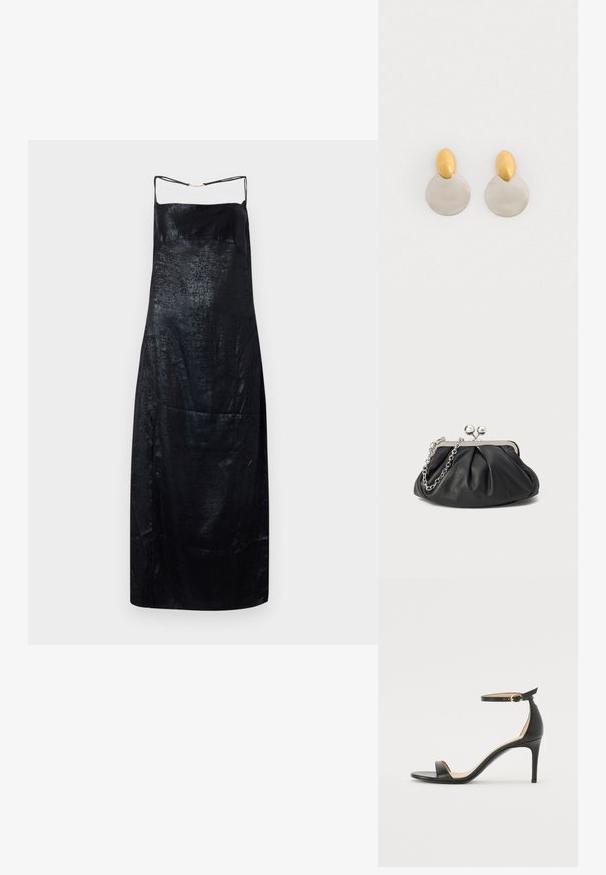 Vestido negro de seda con una textura suave, con tirantes finos y un brillo sutil. Silueta simple y recta con un detalle mínimo.; Sándalo de tacón alto de piel negra con tiras en el tobillo. Presenta una textura suave, puntera abierta y un tacón delgado. Detalles de hebilla en tono dorado.; Clutch de cuero negro con textura arrugada, marco de metal en tono plateado, cierre de beso y cadena para colgar. Superficie suave y lisa.; Pendientes de metal dorado y plateado con base de disco redondo y pieza superior ovalada, textura suave y acabado pulido.