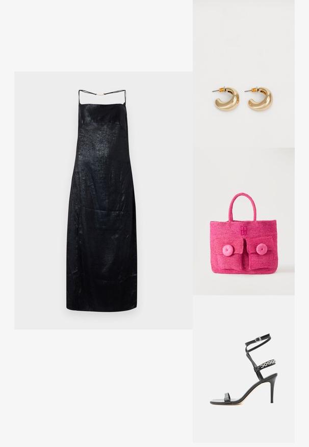 Vestido negro de seda con una textura suave, con tirantes finos y un brillo sutil. Silueta simple y recta con un detalle mínimo.; Sandalia negra de tacón alto con tira delgada en el tobillo, tira en la parte media del pie decorada con eslabones de cadena plateados y diseño de punta abierta.; Bolso tejido de color rosa brillante con dos bolsillos frontales, grandes botones redondos y una única asa redondeada sobre un fondo claro y liso.; Dos pendientes de aro dorados brillantes en un diseño curvado, con acentos naranjas cerca del poste, sobre un fondo blanco liso.