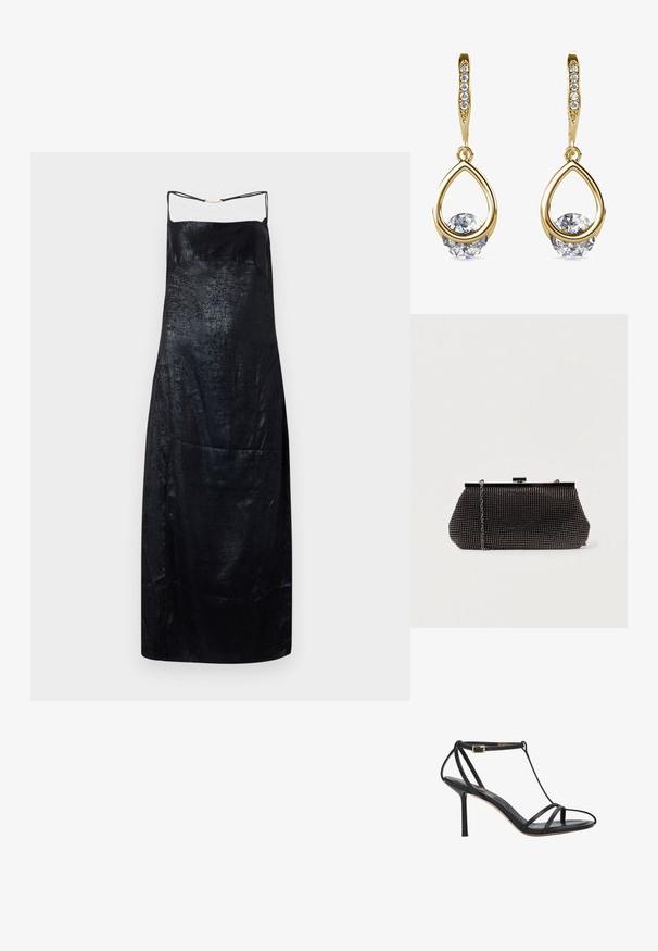 Zwart slipdress van satijn met een gladde textuur, voorzien van dunne bandjes en een subtiele glans. Eenvoudige, rechte silhouet met minimale details.; Zwarte hoge hak sandaal met dunne bandjes, enkelgesp en een smalle hak, zijaanzicht op een witte achtergrond.; Zwarte mesh clutchbag met een gestructureerde silhouette, versierd met kleine metalen studs, heeft een sluiting met een klapmechanisme en een afneembare kettingriem.; Gouden druppeloorbellen met ronde, heldere edelstenen aan de basis. Gelaagd bovenstuk met kleine, ronde accenten langs de ring.