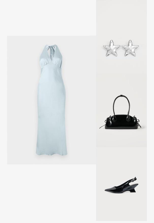 Robe halter bleu clair avec un corsage ajusté, des détails plissés et une silhouette longue et fluide en tissu doux. Aucun motif ni accent visible.; Chaussure slingback en cuir verni noir avec bout pointu et petit talon bloc incliné sur fond clair uni.; Petit sac à main noir brillant avec deux longues anses et des détails à cordon sur les côtés sur un fond clair uni.; Boucles d'oreilles argentées en forme d'étoile, avec une surface lisse et brillante. Chaque boucle d'oreille possède cinq pointes et des détails subtils de texture de surface.