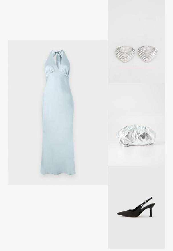Robe halter bleu clair avec un corsage ajusté, des détails plissés et une silhouette longue et fluide en tissu doux. Aucun motif ni accent visible.; Chaussures à talons noires avec une bride, à bout pointu, finition mate lisse et talon fin brillant. Sangle ajustable avec petit détail de boucle.; Pochette argent métallique avec un corps doux et froncé et une fine bandoulière. Présente une texture lisse et brillante ainsi qu'une forme arrondie.; Boucles d'oreilles en argent avec un design ondulé et texturé, en forme de croissants superposés ; la finition polie accentue les qualités réfléchissantes.