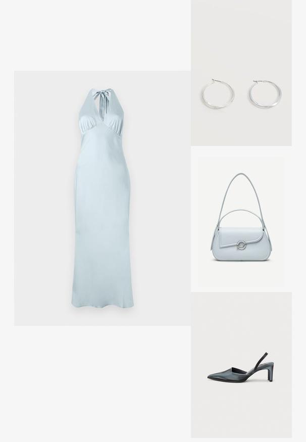 Robe halter bleu clair avec un corsage ajusté, des détails plissés et une silhouette longue et fluide en tissu doux. Aucun motif ni accent visible.; Escarpin noir à bride arrière avec un bout pointu, une finition satinée élégante et un talon fin de 7,5 cm. Design latéral ouvert avec des détails de couture minimalistes.; Sac à main en cuir bleu clair avec rabat arrondi, fermoir circulaire argenté et deux bretelles d'épaule sur un fond uni.; Boucles d’oreilles créoles en métal argenté avec une surface lisse légèrement incurvée et des fermoirs à clapet sur un fond blanc uni.