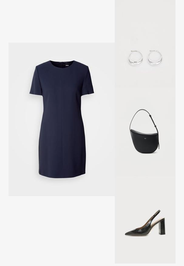 Kortærmet navy kjole lavet af glat stof, med rund halsudskæring og lynlås bagpå, samt en simpel, skræddersyet silhuet.; Sort læder peep-toe slingback sko med høj blokhæl og beige indvendig foring mod en ensfarvet lys baggrund.; Sort halv-måne skuldertaske i læder med justerbar rem og guld "BOSS"-logo centreret foran.; Sølv hoops øreringe med en poleret overflade og DKNY branding, præsenteret mod en simpel hvid baggrund.