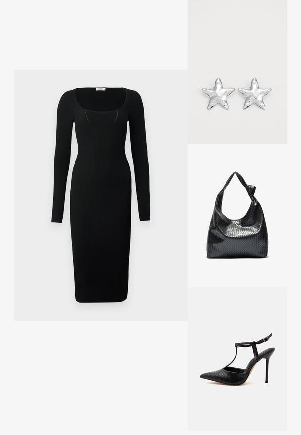 Robe midi noire côtelée à manches longues, décolleté carré et coupe ajustée. Texture lisse avec une silhouette moulante.; Chaussure noire à talon haut avec bout pointu, motif crocodile texturé, talon stiletto fin et bride de cheville avec boucle.; Sac à main en cuir tissé noir au design décontracté, avec une sangle nouée et une petite clou doré décoratif en haut.; Boucles d'oreilles argentées en forme d'étoile, avec une surface lisse et brillante. Chaque boucle d'oreille possède cinq pointes et des détails subtils de texture de surface.