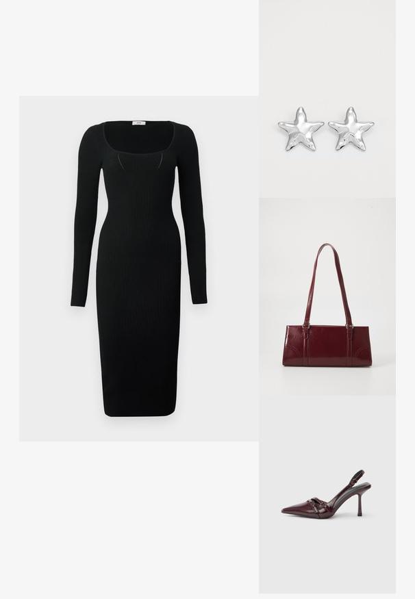 Sort ribbet midi-kjole med lange ærmer, firkantet halsudskæring og tætsiddende design. Glat tekstur med en figursyet silhuet.; Bourgogne laklæder slingback-hæl med spids tå, tynd ankelrem og lille dekorativ spænde. Glat tekstur og høj hæl.; Bordeaux håndtaske lavet af glansfuldt materiale, rektangulær form, med to skulderremme og subtile buede detaljer på forsiden.; Sølvstjernede øreringe med en poleret, blank overflade. Hver ørering har fem spidser og subtile teksturdetaljer på overfladen.
