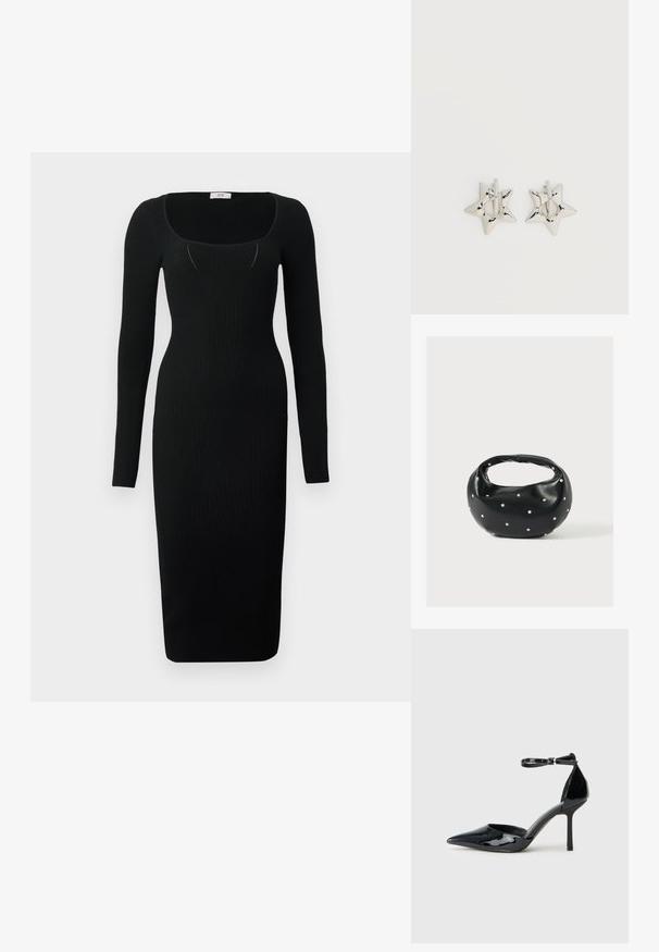 Robe midi noire côtelée à manches longues, décolleté carré et coupe ajustée. Texture lisse avec une silhouette moulante.; Chaussure à talons hauts en cuir verni noir avec bout pointu, bride autour de la cheville et talon aiguille fin ; texture lisse et brillante avec un design minimaliste.; Sac à main en cuir noir de forme arrondie, décoré de clous argentés et équipé d'une poignée courte. Texture lisse et fermeture éclair.; Boucles d’oreilles créoles en forme d’étoile argentée avec une finition lisse et polie sur un fond blanc uni.