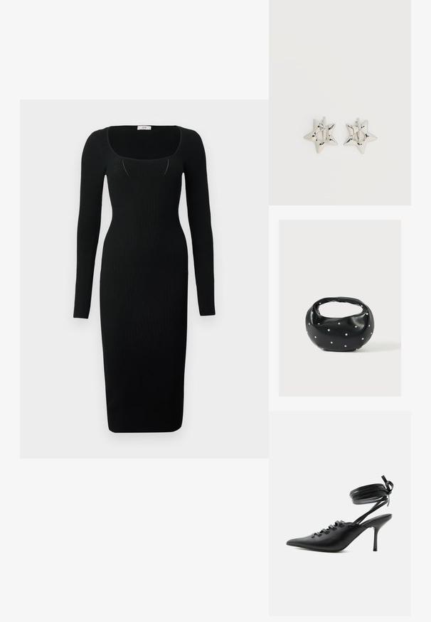 Schwarzes, geripptes Midi-Kleid mit langen Ärmeln, quadratischem Ausschnitt und figurbetontem Design. Glatte Textur mit einer körpernahen Silhouette.; Schwarzer spitzer High-Heel-Schuh mit Schnürung vorne und wickelnden Knöchelriemen, die zu einer Schleife gebunden sind, von der Seite auf weißem Hintergrund gezeigt.; Schwarze Lederhandtasche mit abgerundeter Form, verziert mit silbernen Nietenakzenten und kurzem Griff. Glatte Struktur und Reißverschlussverschluss.; Silberne, sternförmige Creolen mit einer glatten, polierten Oberfläche auf weißem, schlichtem Hintergrund.