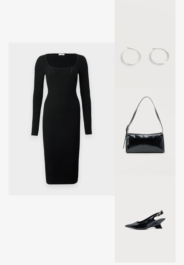 Robe midi noire côtelée à manches longues, décolleté carré et coupe ajustée. Texture lisse avec une silhouette moulante.; Chaussure slingback en cuir verni noir avec bout pointu et petit talon bloc incliné sur fond clair uni.; Sac d'épaule rectangulaire noir avec une sangle réglable unique et une fermeture éclair supérieure sur un fond uni.; Boucles d’oreilles créoles en métal argenté avec une surface lisse légèrement incurvée et des fermoirs à clapet sur un fond blanc uni.