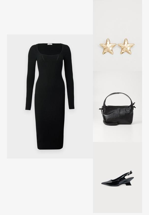 Robe midi noire côtelée à manches longues, décolleté carré et coupe ajustée. Texture lisse avec une silhouette moulante.; Chaussure slingback en cuir verni noir avec bout pointu et petit talon bloc incliné sur fond clair uni.; Sac à main en cuir noir au design structuré, avec une poignée arrondie et une bandoulière amovible. Présente une texture lisse et un éclat subtil.; Boucles d'oreilles en forme d'étoile dorée avec une finition lisse et brillante et un design tridimensionnel, comportant cinq pointes et une texture légèrement incurvée.