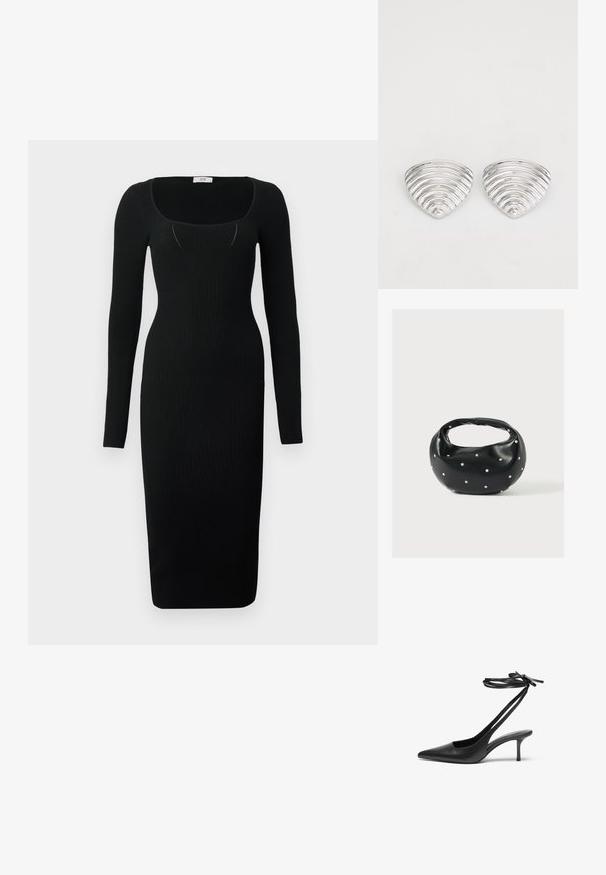 Schwarzes, geripptes Midi-Kleid mit langen Ärmeln, quadratischem Ausschnitt und figurbetontem Design. Glatte Textur mit einer körpernahen Silhouette.; Schwarzer Leder-Stiletto mit spitzem Zehenbereich, offenem Fersenbereich und mit einer Schleife gebundenen Knöchelriemen. Schlanker 3-Zoll-Absatz. Glatte Textur, minimalistisches Design.; Schwarze Lederhandtasche mit abgerundeter Form, verziert mit silbernen Nietenakzenten und kurzem Griff. Glatte Struktur und Reißverschlussverschluss.; Ohrringe in Silberoptik mit einem wellenförmigen, strukturierten Design, das wie überlappende Halbmonden geformt ist; die polierte Oberfläche verstärkt die reflektierenden Eigenschaften.