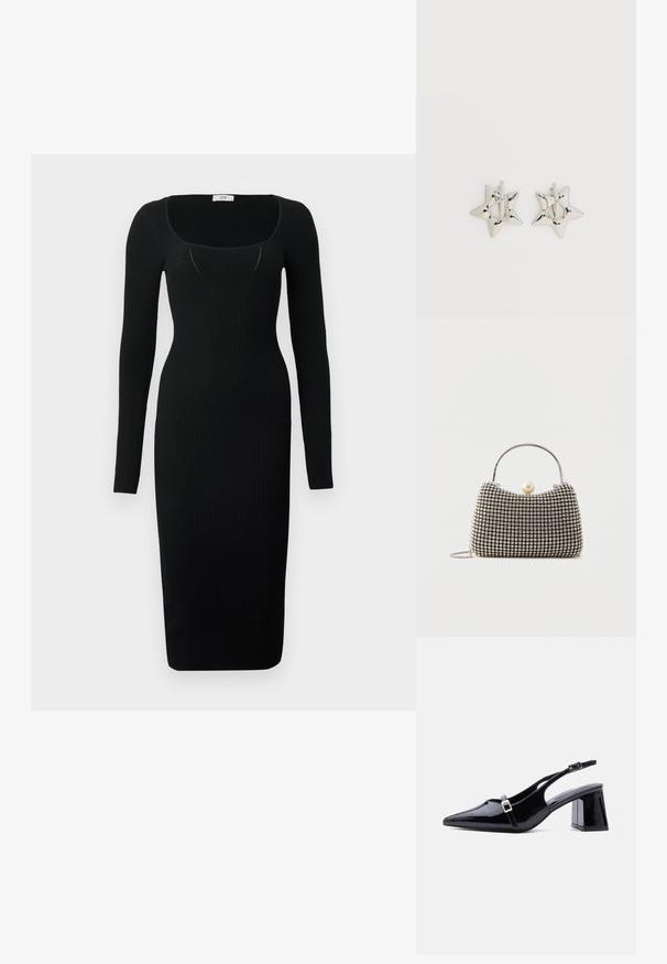 Robe midi noire côtelée à manches longues, décolleté carré et coupe ajustée. Texture lisse avec une silhouette moulante.; Escarpin à bride arrière en cuir verni noir, bout pointu, petit talon bloc bas, avec deux petites boucles argentées sur les brides.; Petit sac à main avec motif à carreaux argenté, poignée incurvée, grande fermeture à perle et une fine bandoulière en chaîne argentée sur un fond uni.; Boucles d’oreilles créoles en forme d’étoile argentée avec une finition lisse et polie sur un fond blanc uni.