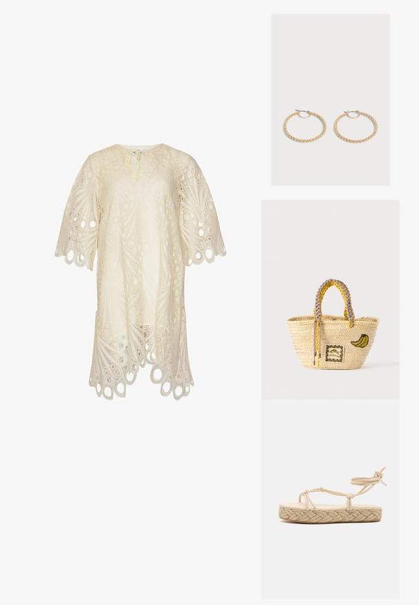 Robe en dentelle crème avec des motifs de découpes circulaires, un ourlet festonné et de larges manches courtes, dotée d'une petite fermeture à nouer au niveau de l'encolure.; Sandale espadrille beige avec une semelle en jute tressé, dotée de plusieurs fines lanières et d'un détail noué à la cheville pour un maintien sécurisé.; Sac cabas en paille tissée avec des anses tressées jaunes et beige, décoré d'un patch banane et d'un petit motif poisson encadré à l'avant.; Paire de boucles d'oreilles créoles en or de taille moyenne avec un design texturé et perlé sur un fond clair uni.