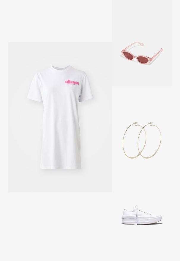 Vestido corto de camiseta blanco de manga corta hecho de algodón, con un escote redondo y un logo rosa de "ellesse" en la parte izquierda del pecho.; Zapatilla blanca de lona de perfil bajo con suela gruesa de plataforma, cierre de cordones en el frente y puntera de goma texturizada, mostrada de perfil.; Gafas de sol transparentes rosas con lentes ovalados, tinte rojo oscuro y varillas delgadas, con un acabado suave y detalles sutiles en la montura.; Pilgrim Pendientes - gold-coloured