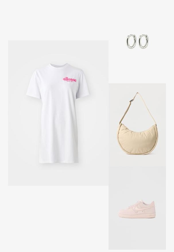 Hvid kortærmet t-shirtkjole lavet af bomuld med rund halsudskæring og et pink "ellesse" logo på venstre brystområde.; Lyserød ruskindsneakers med glat tekstur, gummisål, perforeret tåboks og broderede logodetaljer. Designet med en klassisk lav profil.; Beige skuldertaske i halvmåneform med en blød, polstret overflade. Har justerbar rem og lynlås langs den øverste kant.; Sølv hoops øreringe med en glat, shiny finish. Rundet form med en sikker lukning. Minimalistisk design med en subtil twist-detalje.