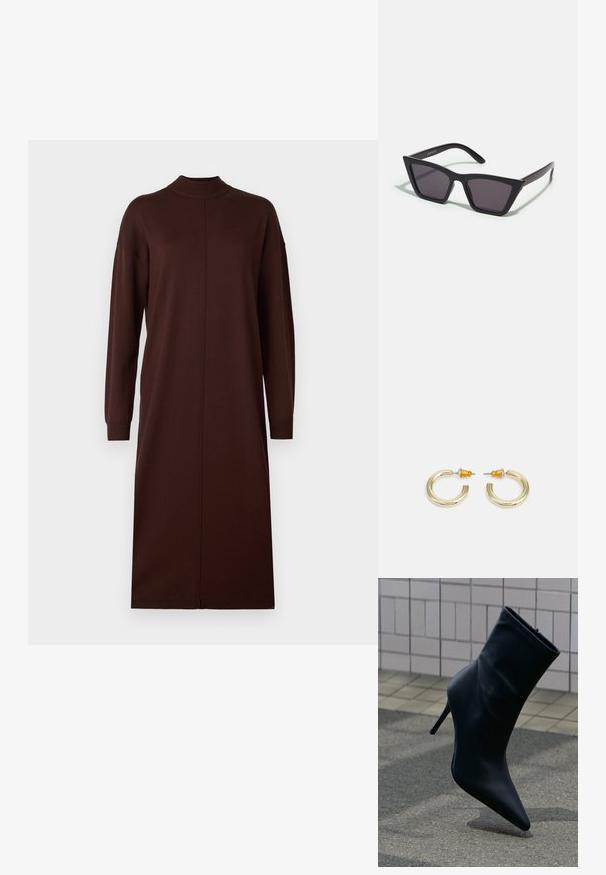 Robe longue marron à manches longues avec un col haut, une coupe droite et un design sans couture, dotée d'une fente latérale pour une liberté de mouvement.; Bottine en cuir noir à bout pointu et talon haut stilettos sur un trottoir carrelé et un sol en asphalte en arrière-plan.; Lunettes noires angulaires avec des verres gris ; fabriquées en plastique, avec des branches épaisses à la surface lisse et sans matériel visible.; Boucles d'oreilles en métal doré en forme d'anneau, avec une finition lisse et arrondie. Elles possèdent des accents orange à l'arrière pour un maintien sécurisé.