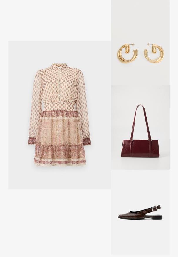 Vestido beige de manga larga con estampados florales y de cachemira marrones, con botones en la parte delantera, cuello alto, cintura ajustada y falda con volantes.; Zapato plano de piel marrón oscuro con tira trasera, punta cuadrada, textura de cocodrilo y hebilla plateada en la correa.; Bolso burdeos hecho de material brillante, de forma rectangular, con dos asas para el hombro y sutiles acentos curvados en la parte frontal.; Par de pendientes de aro doble brillante de oro con cierres de presión sobre un fondo blanco.