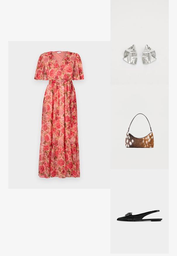 Florale maxi-jurk van lichtgewicht stof, met een v-hals, korte pofmouwen en een gelaagde zoom. Voornamelijk roze met rozenpatronen.; Zwarte leren platte schoenen met spitse neus, een brede band en een ronde metalen gesp bovenaan.; Schoudertas met bruin-witte gevlekte nepbont en een dunne zwarte riem, weergegeven op een witte achtergrond.; Zilveren metalen oorbellen met een golvend, sculpturaal ontwerp, voorzien van een gepolijste afwerking en onregelmatige vormen, die een hedendaagse esthetiek benadrukken.