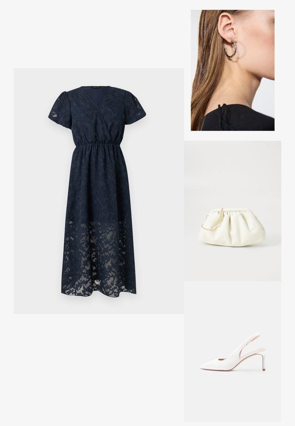 Robe midi bleu marine avec manches courtes bouffantes, col en V, taille ajustée et superposition de dentelle florale sur tissu léger.; Escarpin blanc à talon haut avec bride arrière, pointe pointue, finition texturée et bord festonné sur le côté.; Sac à main en cuir blanc avec un design plissé, doté d'une bandoulière en chaîne dorée et d'une forme arrondie. Texture lisse avec des plis doux et sans motifs.; Boucle d'oreille en argent avec une finition polie, présentant de petits détails en or et de forme ronde, portée sur le lobe.