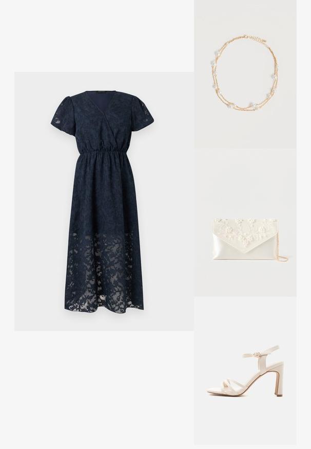 Robe midi bleu marine avec manches courtes bouffantes, col en V, taille ajustée et superposition de dentelle florale sur tissu léger.; Sandale beige à talon haut avec trois fines brides avant, bride de cheville avec boucle dorée et talon bloc sur fond blanc.; Pochette en satin crème avec broderie de perles et fleurs sur le rabat, et une fine chaîne dorée sur fond blanc.; Collier délicat à double chaîne en or avec de petites perles blanches espacées régulièrement sur un fond clair uni.