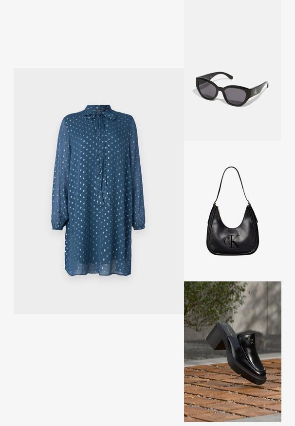 Blaues, langärmeliges Kleid aus leichtem Stoff mit einer Schleifen-Nackenpartie. Hat ein Punktmuster und einen leicht lockeren Sitz, der bis zur Mitte des Oberschenkels reicht.; Schwarze Leder-Slip-on-Mule von Calvin Klein mit Blockabsatz, die auf Holzfliesen im Freien nahe einer grünen Pflanze und einer grauen Wand ruht.; Schwarze Sonnenbrille mit einem schlanken, kantigen Design, dunklen Gläsern und einem kontrastierenden silbernen Logo an der Seite. Glatte Kunststoffoberfläche.; Schwarze Lederschultertasche mit goldenem Reißverschluss, ausgestattet mit erhabenem "cK"-Logo auf der Vorderseite und einem einzelnen Trageriemen.