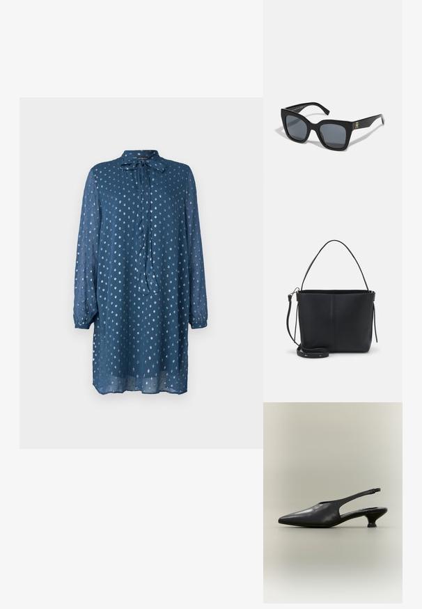 Blaues, langärmeliges Kleid aus leichtem Stoff mit einer Schleifen-Nackenpartie. Hat ein Punktmuster und einen leicht lockeren Sitz, der bis zur Mitte des Oberschenkels reicht.; Schwarzer Slingback-Schuh aus Leder mit spitzer Zehenpartie und niedrigem Kitten-Heel vor neutralem Hintergrund.; Schwarze Sonnenbrille mit einer markanten quadratischen Form, ausgestattet mit dunklen Gläsern und einem goldenen Logoakzent an einem Bügel. Hergestellt aus glänzendem Kunststoffmaterial.; Schwarze Leder-Einkaufstasche mit strukturierter Form, ausgestattet mit einem einzigen oberen Griff und einem abnehmbaren Schultergurt. Glatte Oberfläche, minimalistische Gestaltung.