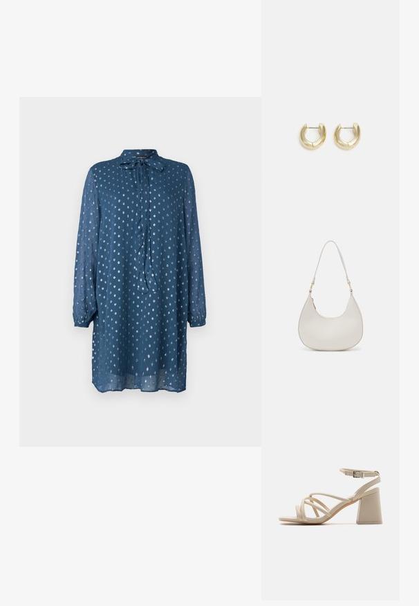 Blaues, langärmeliges Kleid aus leichtem Stoff mit einer Schleifen-Nackenpartie. Hat ein Punktmuster und einen leicht lockeren Sitz, der bis zur Mitte des Oberschenkels reicht.; Beige High-Heelsandalen mit überkreuzten Riemen, einem Knöchelverschluss und einem quadratischen Blockabsatz für Stabilität. Glatte, lederähnliche Oberfläche.; Cremfarbene Leder-Schultertasche mit einer Halbmondform, dünnem Schulterriemen und subtilen Stichdetails. Minimalistisches Design mit goldfarbenen Hardware-Akzenten.; Goldfarbene Creolen mit einer glatten, polierten Oberfläche. Sie haben eine halbkreisförmige Form und einen sicheren Stiftverschluss.