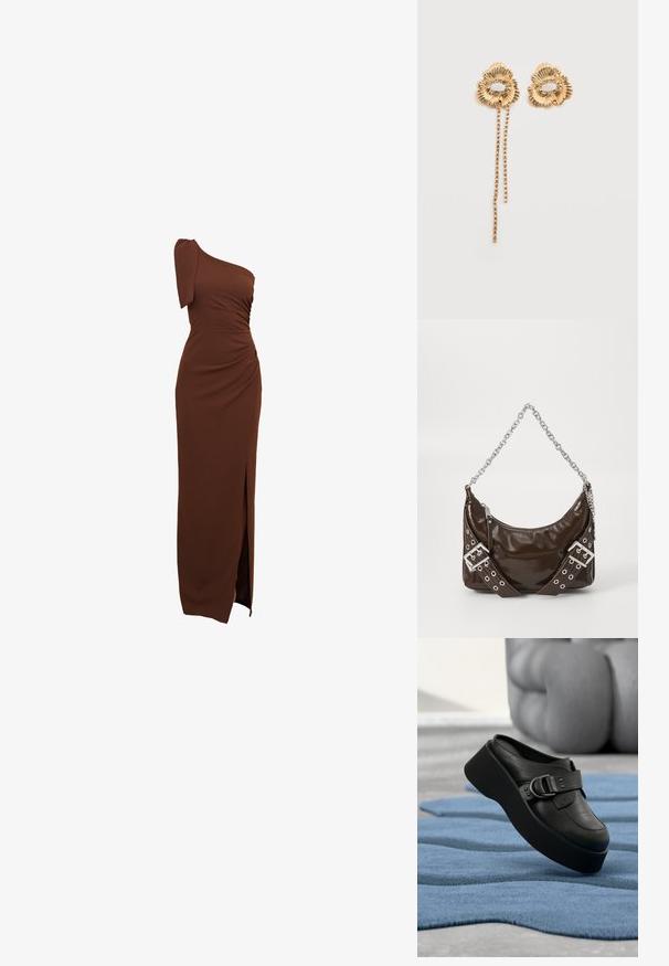 Braunes, einseitig getragenes Kleid mit gerafften Details, einem seitlichen Schlitz und einer taillierten Silhouette aus glattem, elastischem Stoff.; Schwarze Leder-Plattform-Mule mit großem Schnallendetail, die auf einem strukturierten, welligen blauen Teppich und einem verschwommenen grauen Hintergrund liegt.; Dunkelbraune Lackleder-Handtasche mit silberner Kettenriemen, dekorativen doppelten Schnallen und Reißverschluss.; Goldene Blumenohrringe mit strukturierten Blütenblättern und einem Ring aus kleinen klaren Steinen, ein Ohrring mit zwei herabhängenden Ketten winziger Steine.