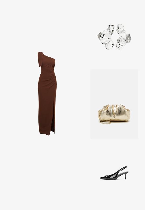 Braunes, einseitig getragenes Kleid mit gerafften Details, einem seitlichen Schlitz und einer taillierten Silhouette aus glattem, elastischem Stoff.; Schwarze patentierte Slingback-Absätze mit spitzem Zehenbereich und glänzender Oberfläche. Besitzt einen schlanken Absatz und eine abgerundete Akzentuierung am Schuhoberteil.; Goldfarbene metallische Clutch-Tasche mit einer gekräuselten Textur, weicher runder Form und einem abnehmbaren Kettenriemen. Verfügt über ein gerafftes Design an der Oberseite.; Cluster von sechs unregelmäßig geformten, transluzenten und reflektierenden glasähnlichen Stücken, angeordnet auf weißem Hintergrund.