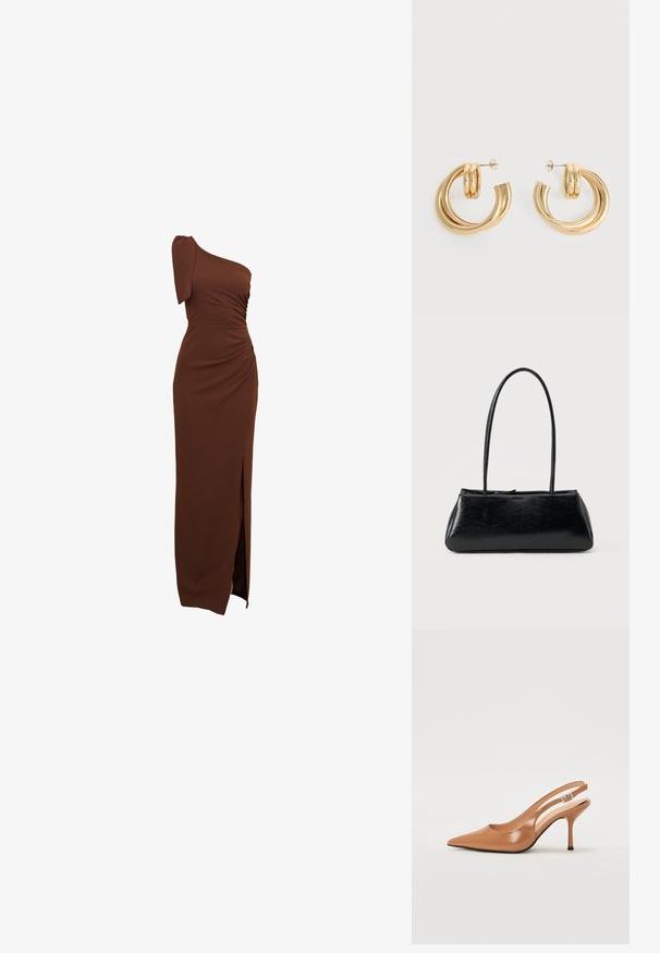 Brun, en-skulder kjole med rynkedetaljer, en sideslids og en tætsiddende silhuet lavet af glat, strækbart stof.; Spids tå slingback hæl i et glat, blankt tan materiale. Har et buet udskæring design og en slank stiletto hæl. Sølv spænde detalje.; Sort rektangulær skuldertaske med lange tynde stropper og en glat, blank tekstur på en ensfarvet baggrund.; Par af skinnende gyldne dobbelt loop øreringe med stift-lukning på hvid baggrund.