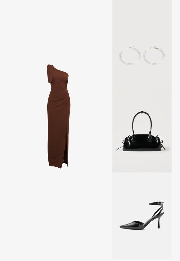 Braunes, einseitig getragenes Kleid mit gerafften Details, einem seitlichen Schlitz und einer taillierten Silhouette aus glattem, elastischem Stoff.; Schwarzer spitzer High Heel mit dünnen Knöchelriemen und silberner Schnalle auf einfachem hellem Hintergrund.; Kleine schwarze glänzende Handtasche mit zwei langen Griffen und seitlichen Kordelzug-Details vor einfachem hellem Hintergrund.; Paar glänzende silberne Creolen mit dünnen Drahtverschlüssen, dargestellt vor einem hellgrauen Hintergrund.