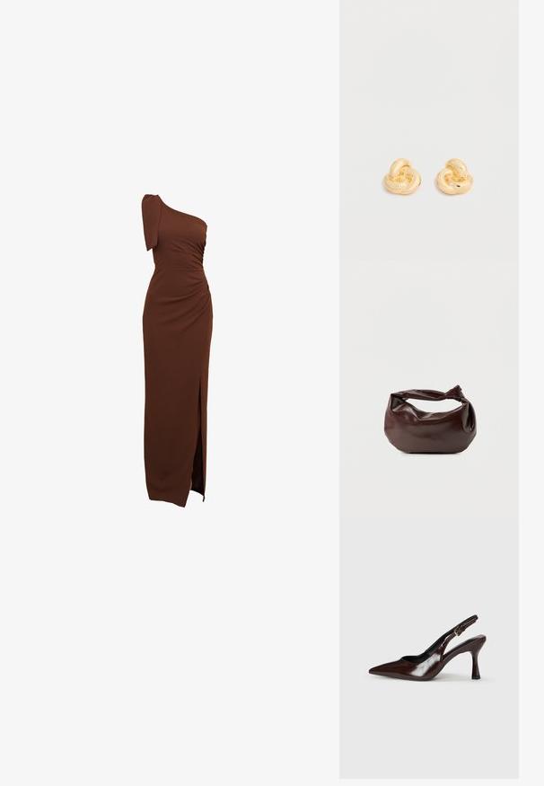 Bruin, een-schouder jurk met geplooide details, een zijsplit en een aansluitende pasvorm van glad, rekbaar materiaal.; Bruine gepatineerde leren slingback pumps met een spitse neus, een dunne hak en een verstelbaar bandje met een kleine gesp.; Donkerbruine leren schoudertas met een zachte, slungelige vorm en een gedraaide knoopvormige handgreep op een effen witte achtergrond.; Een paar glanzende oorstekers in goudkleur, gevormd als knopen, tegen een effen witte achtergrond.