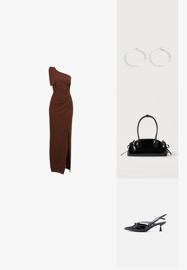Braunes, einseitig getragenes Kleid mit gerafften Details, einem seitlichen Schlitz und einer taillierten Silhouette aus glattem, elastischem Stoff.; Schwarzer Slingback-Pumps aus Lackleder mit spitzer Zehenpartie, niedrigem Kitten-Heel und dekorativer, geknoteter Schleife vorne.; Kleine schwarze glänzende Handtasche mit zwei langen Griffen und seitlichen Kordelzug-Details vor einfachem hellem Hintergrund.; Paar glänzende silberne Creolen mit dünnen Drahtverschlüssen, dargestellt vor einem hellgrauen Hintergrund.