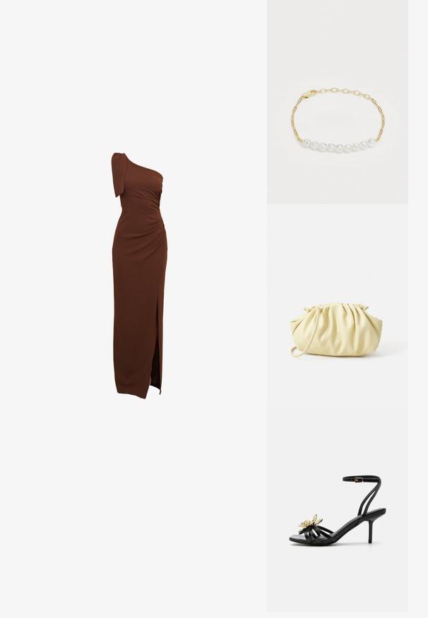Braunes, einseitig getragenes Kleid mit gerafften Details, einem seitlichen Schlitz und einer taillierten Silhouette aus glattem, elastischem Stoff.; Schwarze Riemchen-Sandale mit hohem Absatz, Knöchelriemen mit Schnalle und goldenem metallischem Blumendetail am Vorderriemen vor weißem Hintergrund.; Gelbe, gefaltete Handtasche aus glattem Kunstleder mit weicher Form, einzigem Schulterriemen und gerafftem Oberteil.; Goldene Armbandkette mit weißen Perlen, zartem Gliederdesign und einem Verschluss für sicheren Halt. Die Perlen sind regelmäßig geformt.