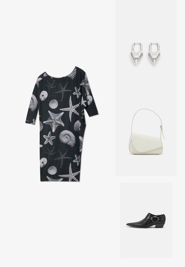 Robe noire à la coupe ample et à l'encolure dégagée, ornée de motifs de coquillages blancs et d'étoiles de mer. Manches trois-quarts.; Bottines en cuir noir avec un bout pointu, présentant une sangle en cuir à l'avant et un détail de boucle en argent, ainsi qu'un petit talon carré.; Sac à main en cuir synthétique blanc avec une forme triangulaire structurée, une bandoulière unique réglable et un rabat à courbes accentuées.; Cadenas en forme de cœur en argent avec les inscriptions gravées "OUI" et "NON", finition polie, design symétrique et un robuste fermoir en métal.