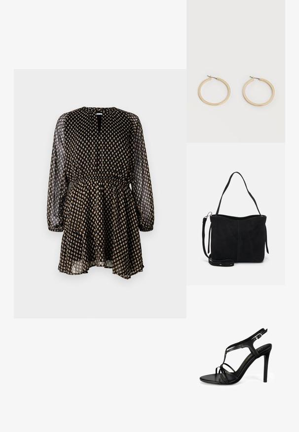Schwarzes Kleid mit langen transparenten Ärmeln, elastischem Bund und goldfarbenem Blumenmuster. Verfügt über einen Schlüsselaugen-Ausschnitt und einen gestuften Rock.; Schwarze High-Heel-Sandale mit einem eleganten Design, dünnen Riemen, einer T-Bar-Front, einer Schnallenverschluss und einer glatten matten Oberfläche.; Schwarze Wildleder-Tasche mit einer weichen Textur, ausgestattet mit einem einzelnen Schulterriemen und einem abnehmbaren Crossbody-Riemen. Offenes, unstrukturiertes Design.; Paar mittelgroße, glatte Creolen in Goldton mit Scharnier-Verschlüssen auf einem einfarbigen hellen Hintergrund.