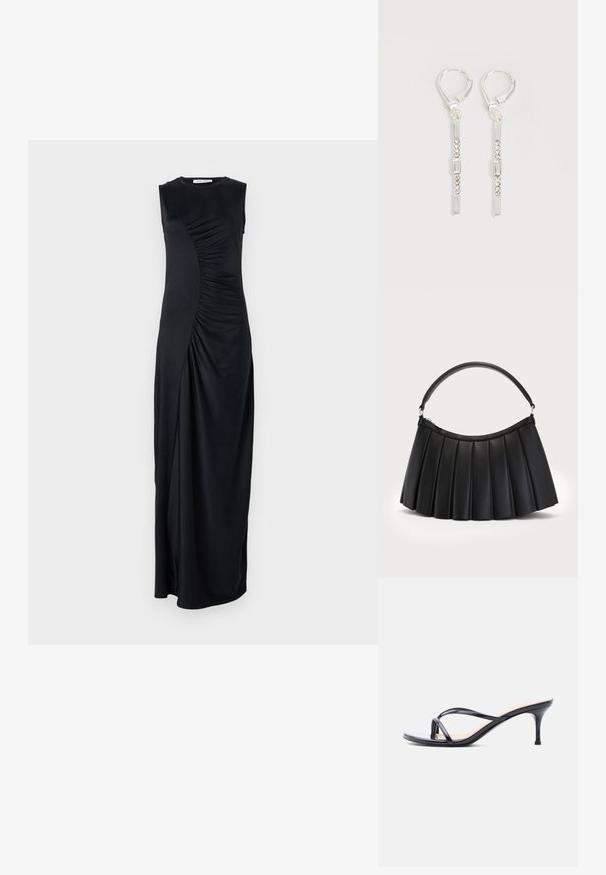 Robe maxi noire sans manches avec des détails drapés sur le côté, fabriquée en tissu lisse ; présente un col rond et une silhouette ajustée.; Sandale à talon en cuir verni noir avec fines lanières croisées et talon aiguille moyen et élancé sur fond blanc.; Sac noir plissé en simili cuir, avec une anse incurvée et une fermeture éclair sur le dessus. Texture lisse avec un design structuré.; Boucles d'oreilles pendantes en argent avec des cristaux clairs rectangulaires et ronds alignés verticalement, sécurisées par des fermoirs à levier.