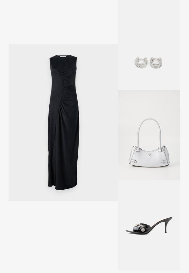 Robe maxi noire sans manches avec des détails drapés sur le côté, fabriquée en tissu lisse ; présente un col rond et une silhouette ajustée.; Mule à talon haut en cuir verni noir avec bout ouvert et breloques argentées décoratives comprenant une fleur et un cadenas sur la bride avant.; Sac à main argenté avec un design structuré, doté de deux poignées, d'une texture brillante, de quincaillerie accentuée et d'un logo triangulaire sur le devant.; Guess STYLISH - Boucles d'oreilles - silver-coloured