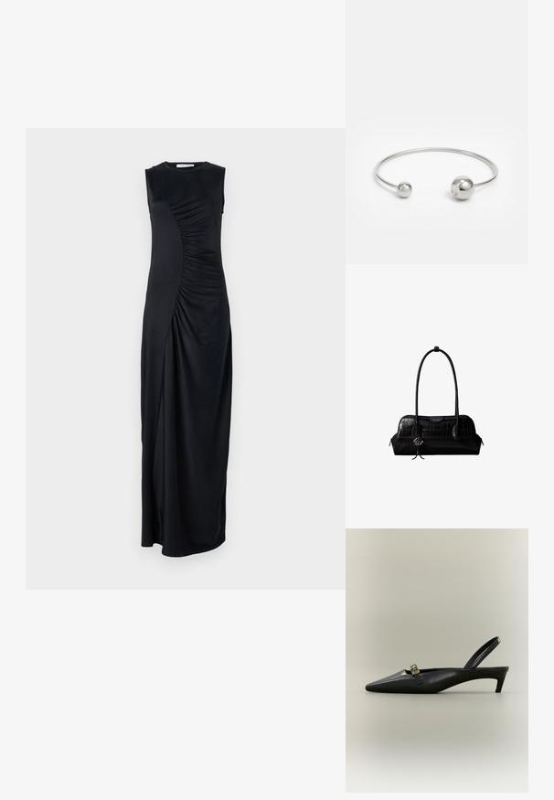 Sort ærmeløs maxi-kjole med draperet sidelining, lavet af glat stof; har en rund halsudskæring og en tætsiddende silhuet.; Sort læder slingback med kitten heel, spids tå og lille guldfarvet spænde på en ensfarvet baggrund.; Sort skuldertaske i krokodillelæder med lange stropper og lille sølvlogo-charm på den ene strop.; Sølvmetal bangle armbånd med to sfæriske accenter i hver ende, glat overflade, åben design og slank, minimalistisk form.