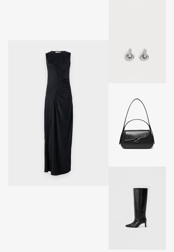 Vestido maxi negro sin mangas con detalles drapeados en el costado, confeccionado en una tela suave; cuenta con un escote redondo y una silueta ajustada.; Botas negras hasta la rodilla hechas de cuero suave, con punta puntiaguda y tacón delgado, con caña ajustada y diseño minimalista.; Bolso de hombro de cuero negro con una solapa curva asegurada por un broche metálico redondo y una correa delgada y ajustable.; Par de pequeños pendientes de aro plateados brillantes con base redonda, exhibidos sobre un fondo claro y liso.