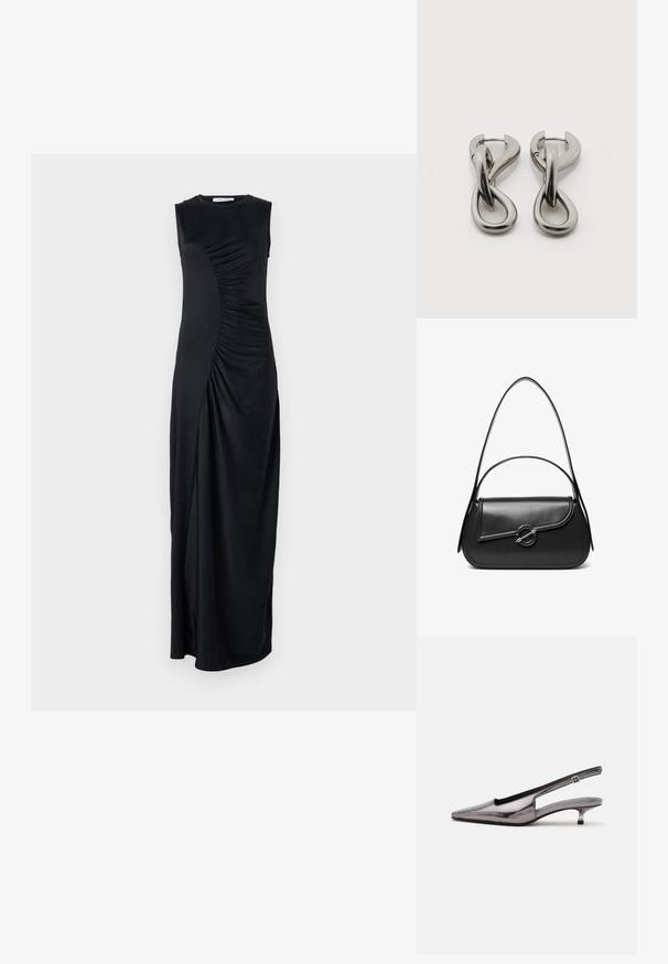 Schwarzes, ärmelloses Maxikleid mit drapiertem Seitendetail, aus glattem Stoff gefertigt; hat einen runden Ausschnitt und eine figurbetonte Silhouette.; Metallic-grauer Slingback-Schuh mit spitzer Schuhspitze, niedrigem Kittenabsatz und verstellbarem Riemen auf weißem Hintergrund.; Schwarze Lederschultertasche mit einer geschwungenen Klappe, die durch einen runden Metallverschluss gesichert ist, und einem schlanken, verstellbaren Riemen.; Paar silberfarbene Metallohrringe mit abstraktem ineinandergreifendem Schlaufen-Design auf weißem Hintergrund.