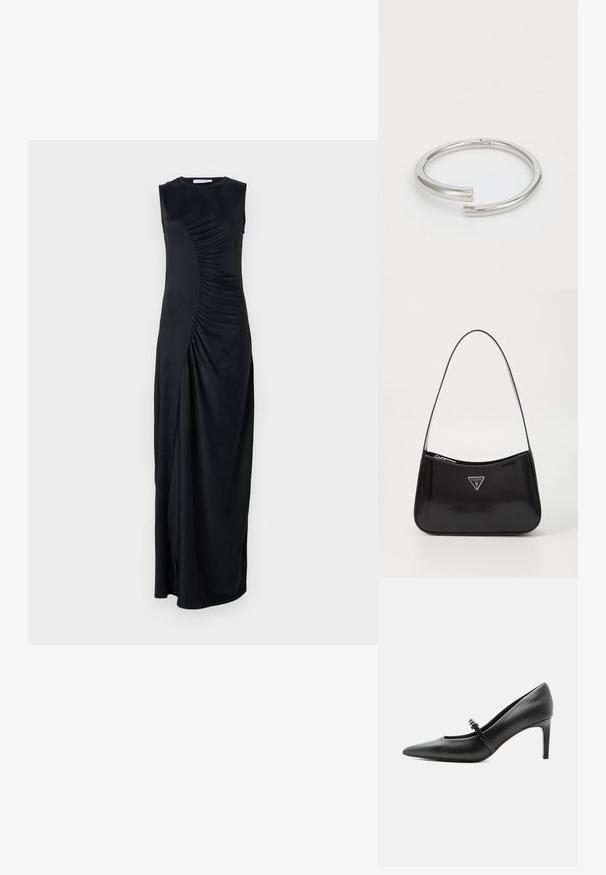 Vestido maxi negro sin mangas con detalles drapeados en el costado, confeccionado en una tela suave; cuenta con un escote redondo y una silueta ajustada.; Zapato de tacón alto de cuero negro con punta puntiaguda, con tira fina y hebilla sobre el empeine, sobre fondo claro y neutro.; Bolso de hombro de charol negro con forma curva, que presenta un logotipo triangular plateado y un cierre de cremallera. Textura suave y correa delgada.; Calvin Klein SPIRAL - Pulsera - silver-coloured
