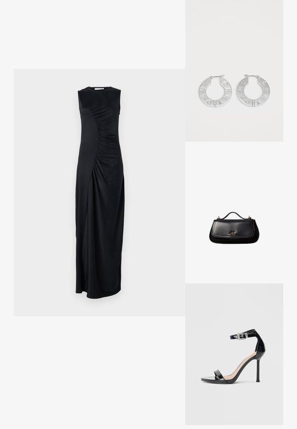 Vestido maxi negro sin mangas con detalles drapeados en el costado, confeccionado en una tela suave; cuenta con un escote redondo y una silueta ajustada.; Sandalia de tacón alto en piel sintética negra con correa en el tobillo. Presenta un diseño minimalista, punta abierta y una hebilla con detalles de pedrería.; Bolso de mano negro de piel con un asa pequeña, logo "cK" en tono dorado en la solapa frontal y detalles de herrajes dorados.; Pendientes de aro de plata con letras grabadas "DKNY", acompañados de tres piedras preciosas transparentes que realzan el diseño. Forma circular con un acabado brillante.