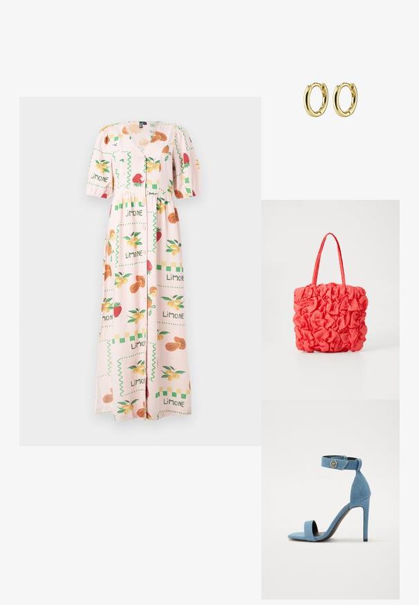 Maxikleid aus leichtem Stoff in zartem Rosa, mit Fruchtmotiven, Knöpfen vorne und Puffärmeln sowie einer taillierten Passform.; Blaue Jeansstoff-Pumps mit einem Knöchelriemen und Knopfverschluss. Verfügt über eine quadratische Zehenpartie und eine schwarze Sohle für den Kontrast.; Korallefarbene Tragetasche mit strukturiertem, gerafftem Design. Hergestellt aus weichem Stoff, ausgestattet mit zwei stabilen Griffen und einem geräumigen Innenraum.; Goldene Creolen mit einem glatten, abgerundeten Design und polierter Oberfläche. Jede Ohrringe verfügt über einen sicheren Verschluss und eine leichte Krümmung.